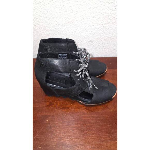 Sorel Joanie Women's Black Leather Lace-Up Wedge Sandals Size 8.5 - Picture 3 of 7